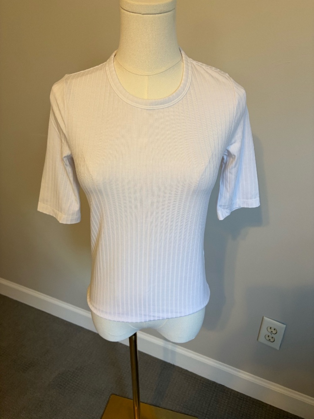 Banana Republic White Ribbed Elbow Sleeve Crewneck Top XS